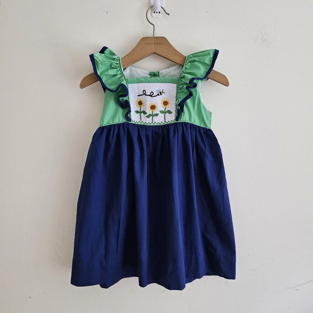 The Smocking Bug Girls Blue Green Sunflower Dress Size 4 Ruffles EUC